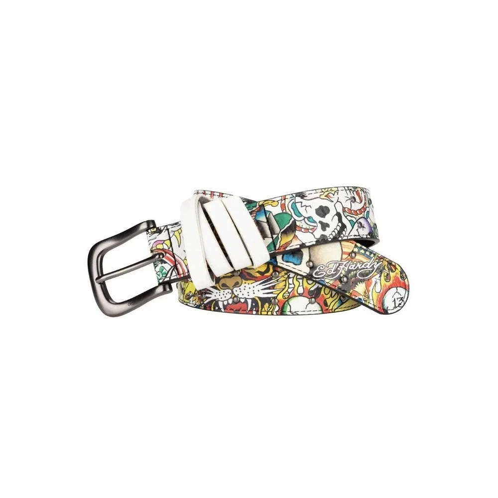Ed Hardy Men's Skull Tiger Panther Print Belt With‎ Hammered Rivet Studs SZ 38